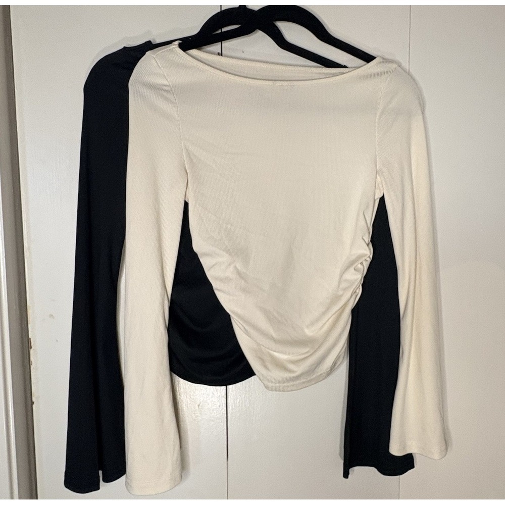 SHEIN Women S Ribbed Solid Rouched Bell Sleeve Blouses Ivory & Black(2) Cropped